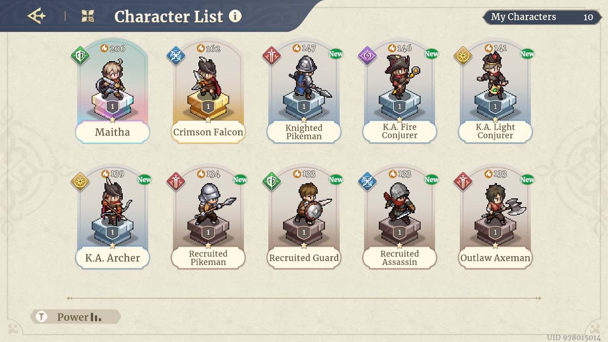 Team roster in Sword of Convallaria