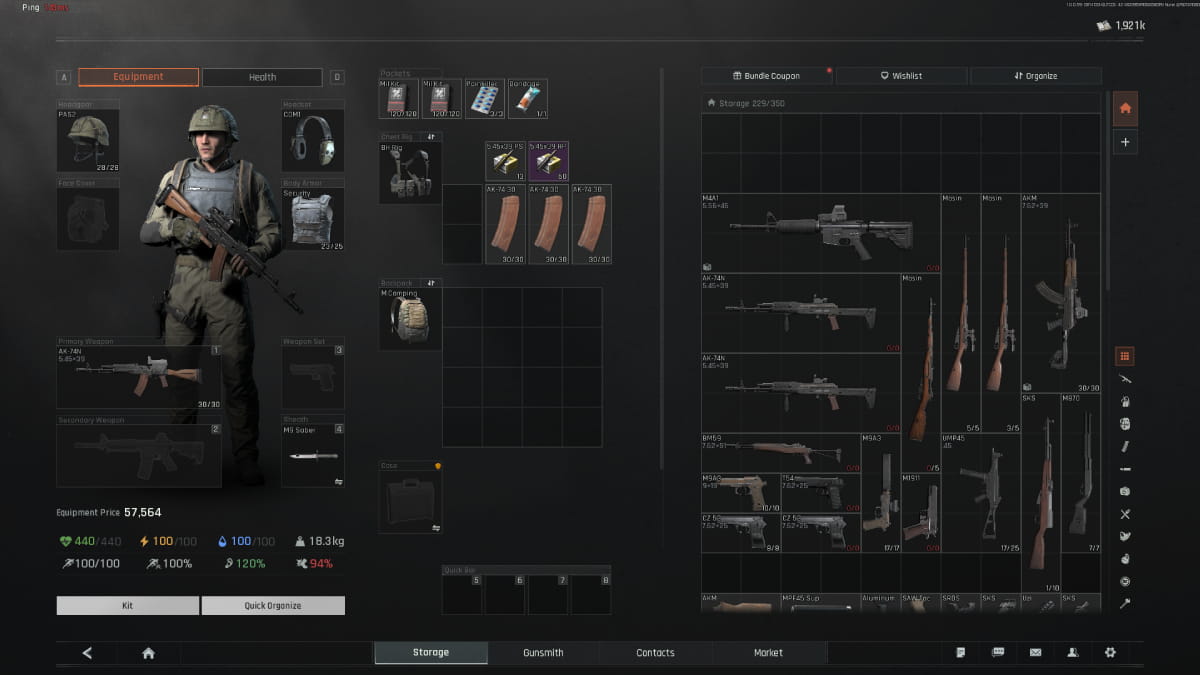 Stash screen with extra mags in the chest rig.