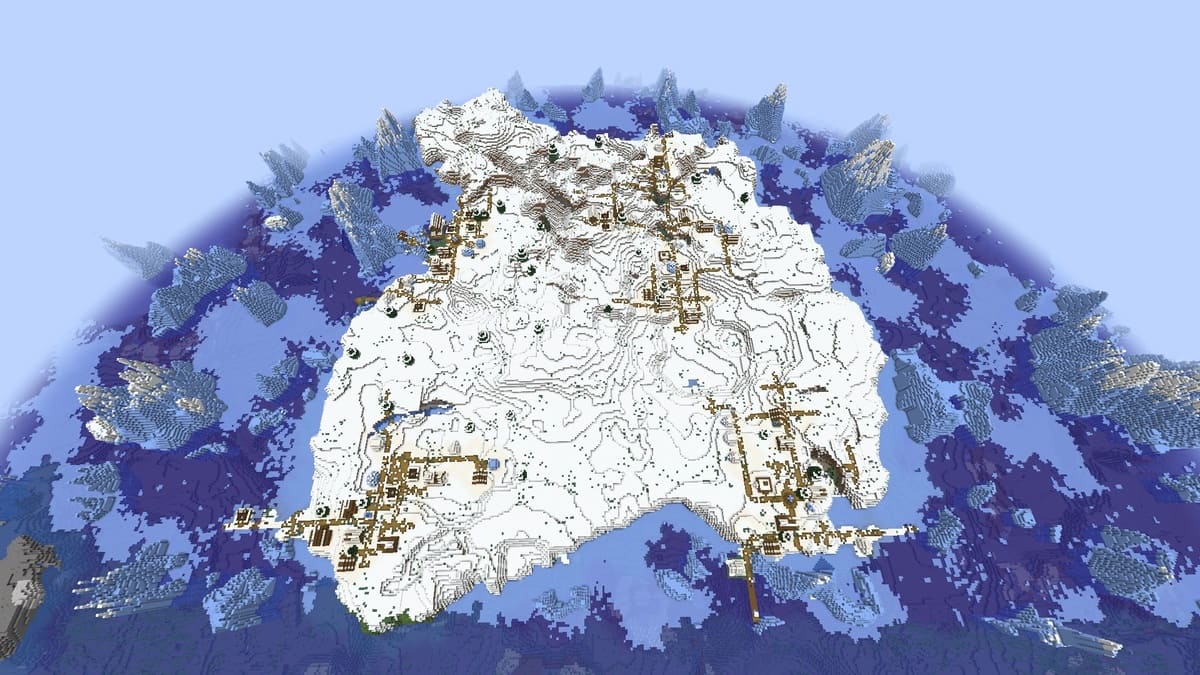 Snow island and quadruple village in Minecraft