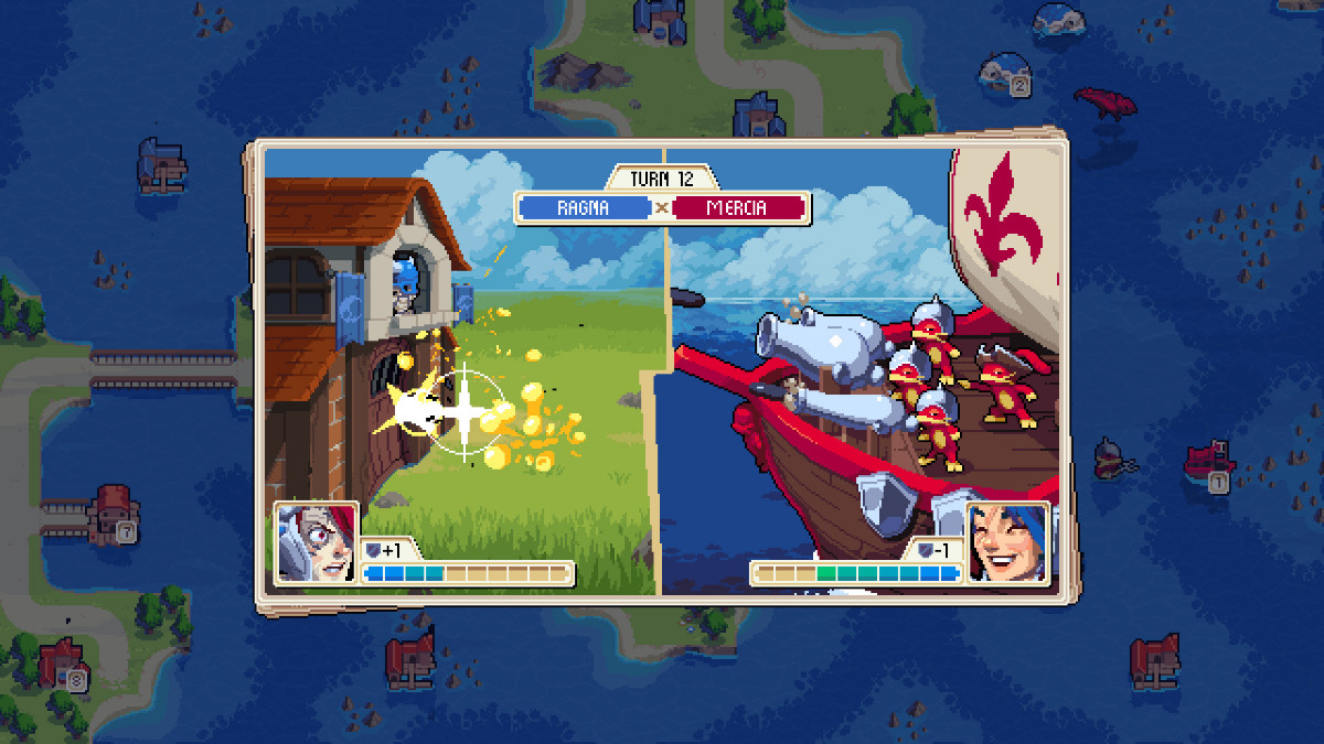 Attacking a building with a ship in the game Wargroove