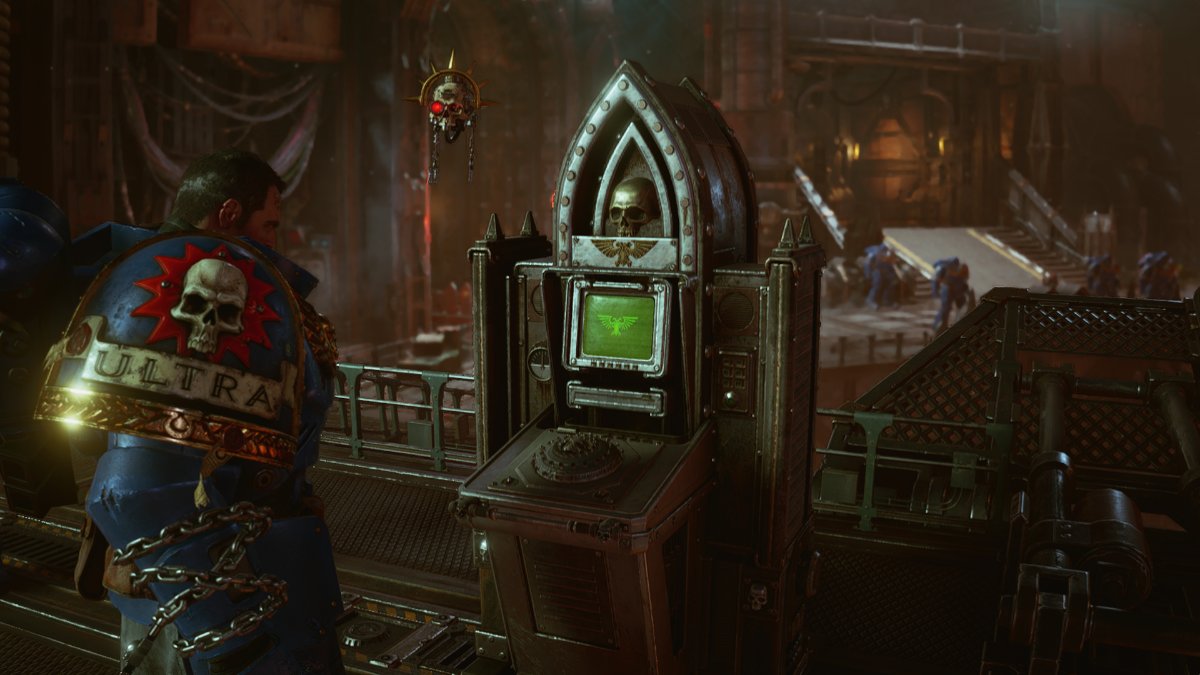 Titus from Warhammer 40K Space Marine 2 looks at a terminal.