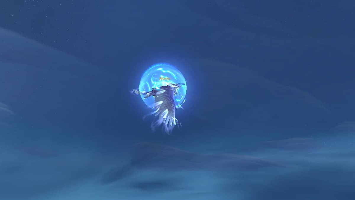 Alunira flying around a mountain with her shield in wow the war within