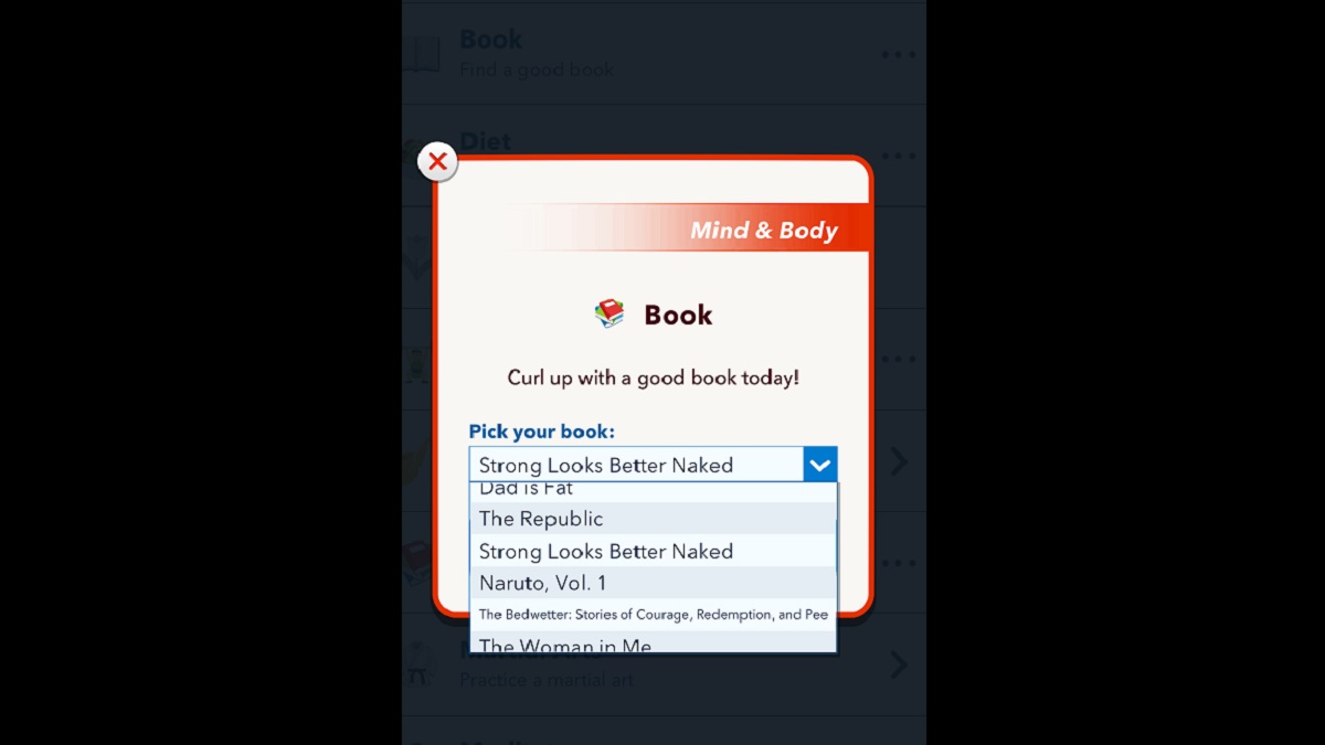 Book list in BitLife with Strong Looks Better Naked