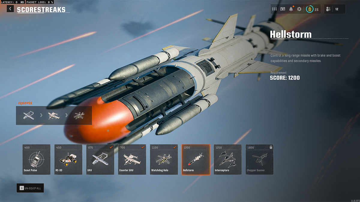 The select screen for the Black Ops 6 scorestreak Hellstorm Missile