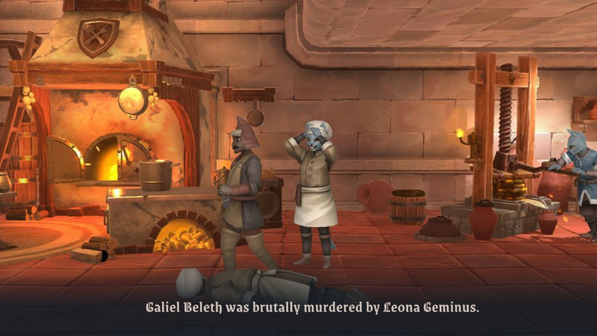 A cat person, a Kajhiit, looks down at a dead body with a wide smile, n of a castle. Subtitles say that "Galiel Beleth was brutaly murdered by Leona Geminus."