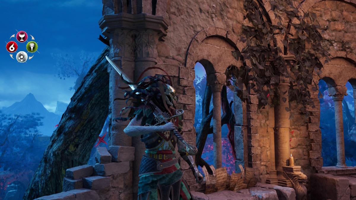 The protagonist of Enotria: The Last Song posing against a wall at night.