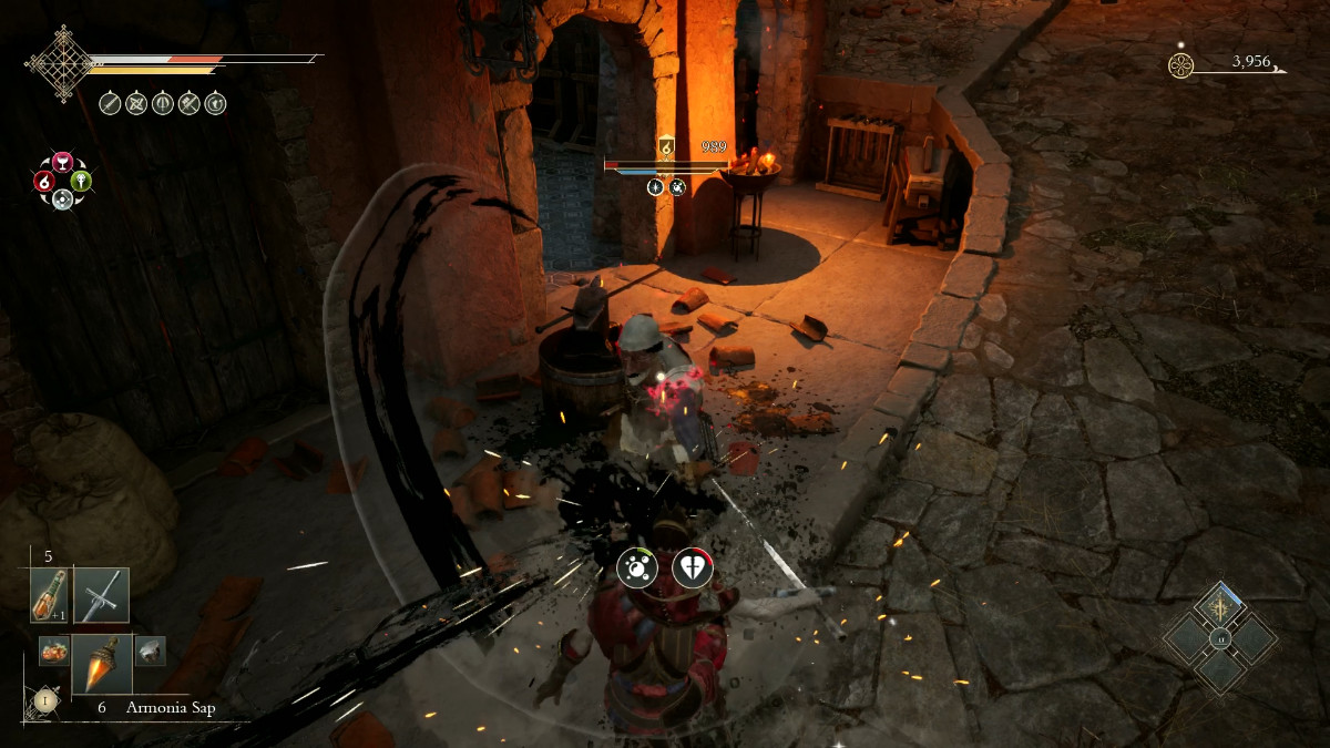 fighting an enemy in Enotria: The Last Song while both the player and the enemy are affected by various status effects.