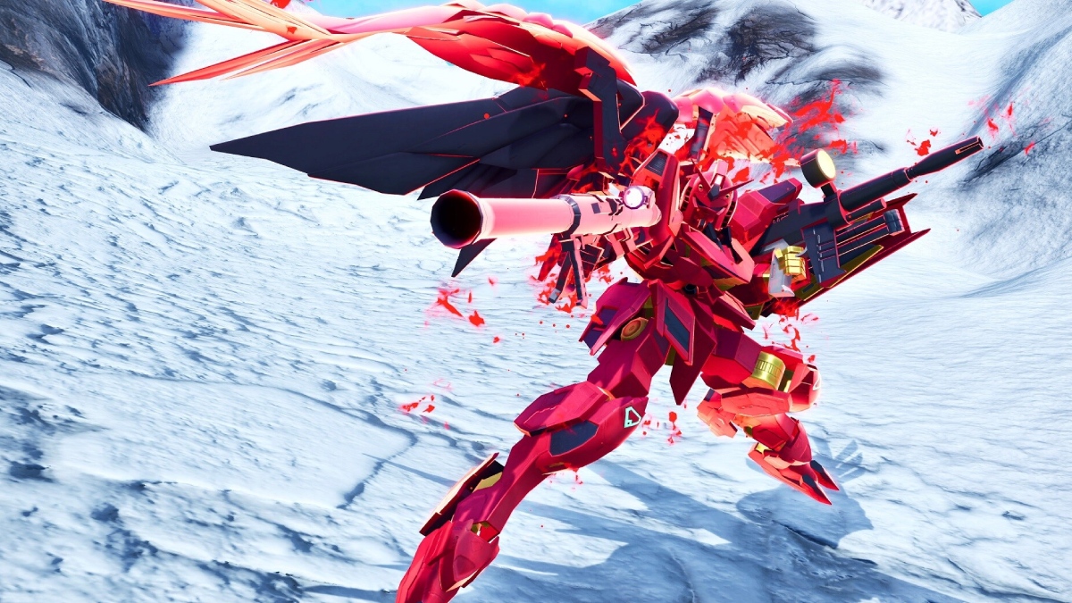 Gundam Breaker 4 Red Gundam pointing gun standing on ice