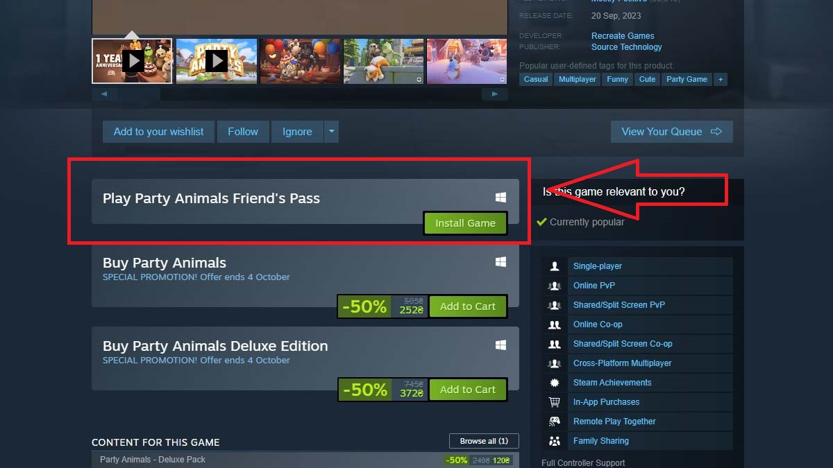 Party Animals Friend's Pass installation page in Steam