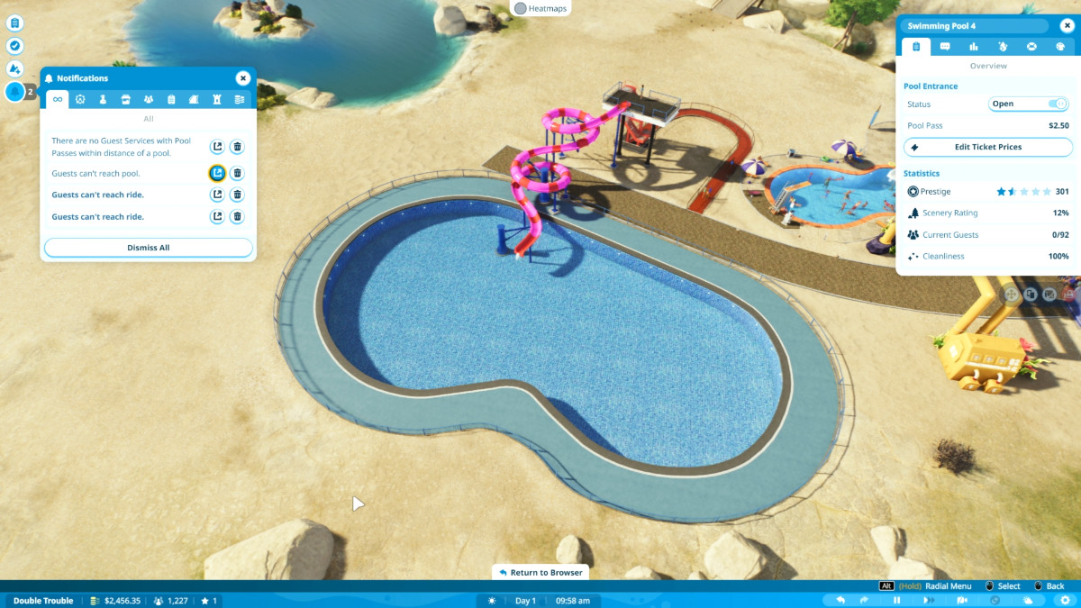 building a pool surrounded by sand in Planet Coaster 2