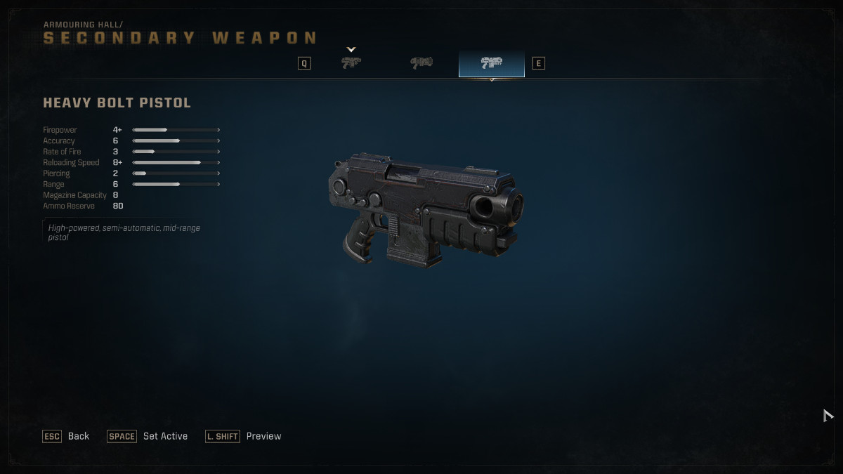 the Heavy bolt pistol as seen from the weapons selection menu of Warhammer 40K: Space Marine 2