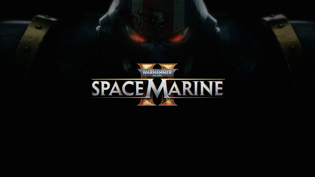 A screenshot from Space Marine 2 showing the game's logo surrounded by darkness with a large space marine in the background.