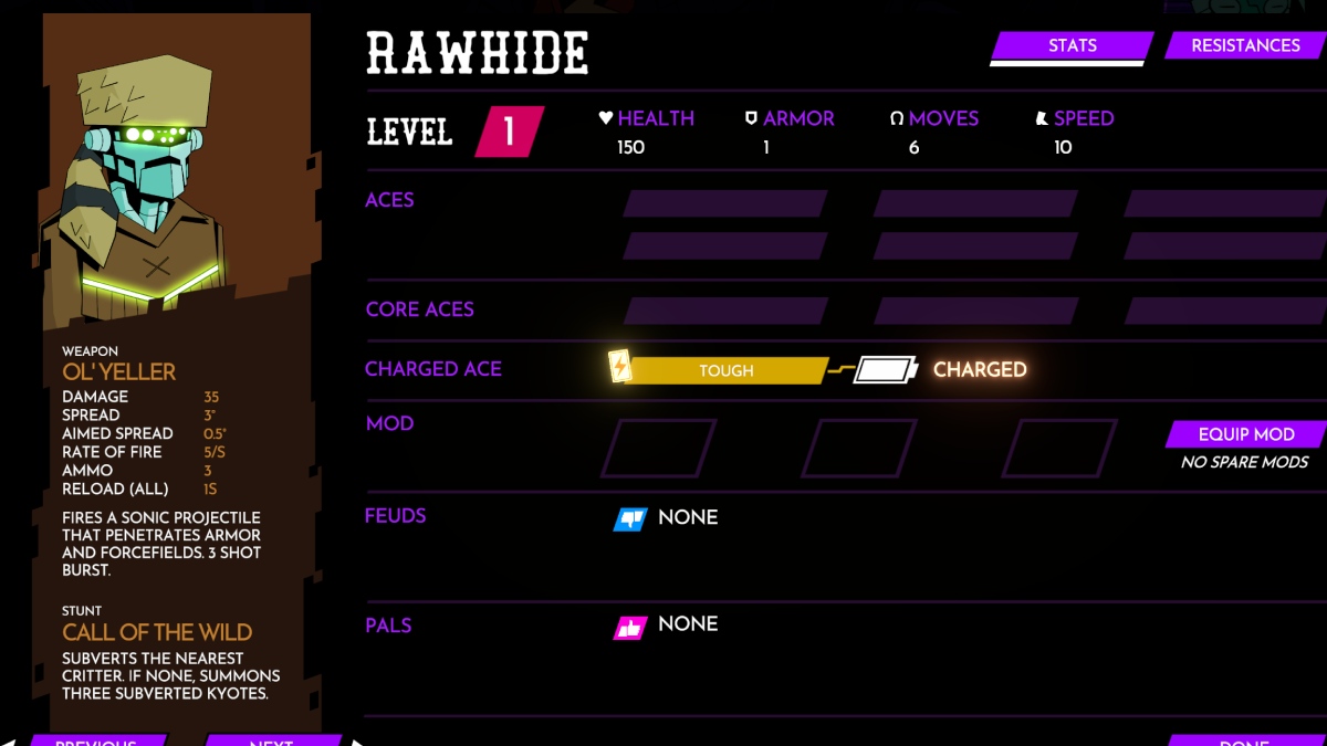 Wild Bastards Rawhide character screen