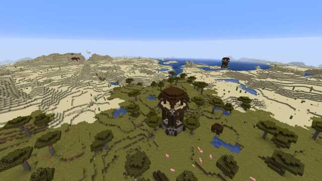 A Minecraft Desert filled with Desert Temples and Pillager Outposts