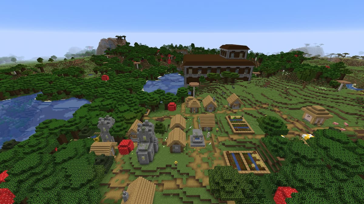 A Minecraft Woodland Mansion next to a Plains Village and a ruined Nether portal