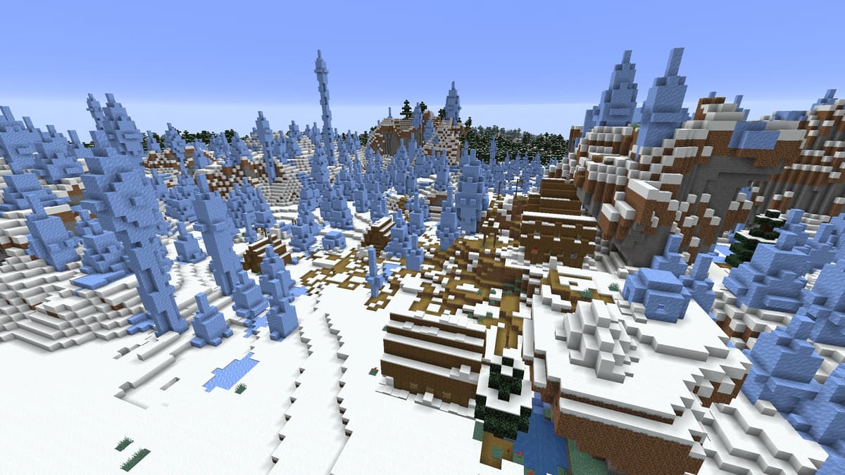 A Snowy Village in a Minecraft Ice Spikes biome