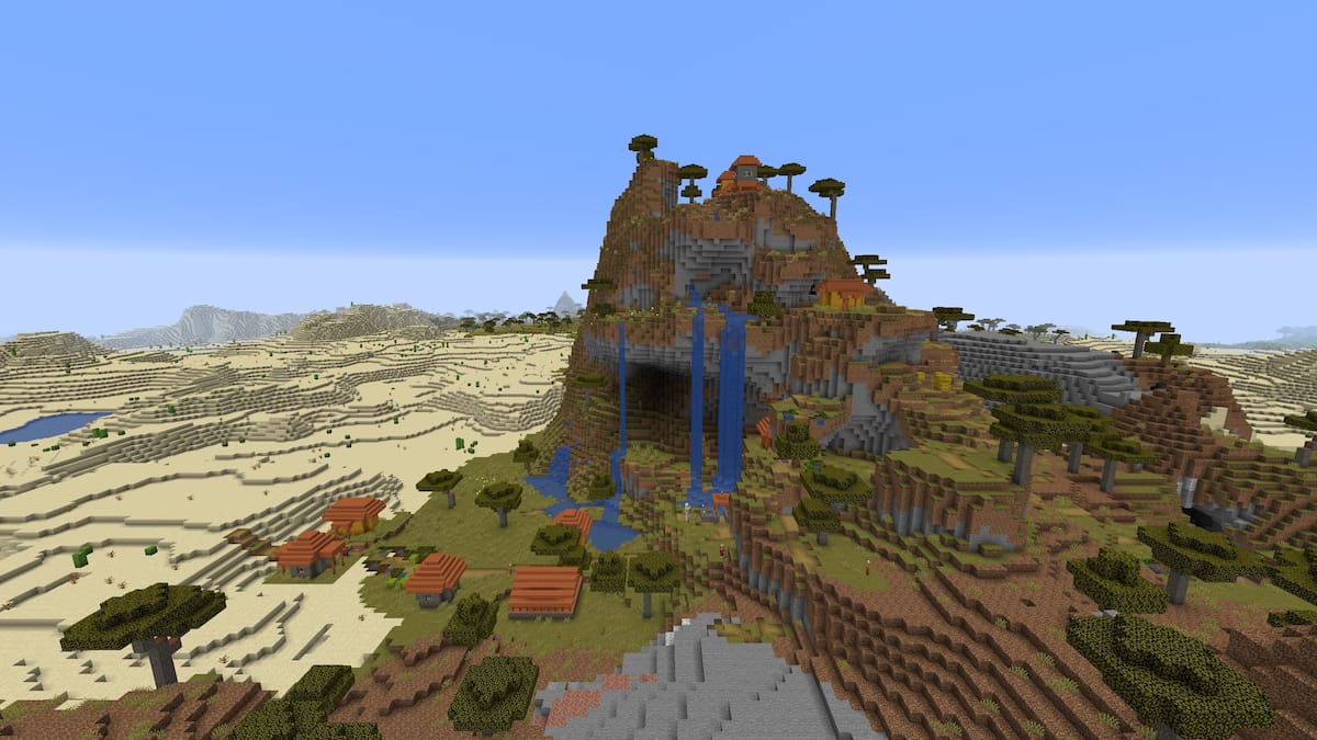 A Minecraft village on a Shattered Savanna biome