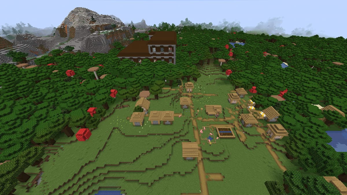 A Woodland Mansion and a Plains Village at the start of a Minecraft world