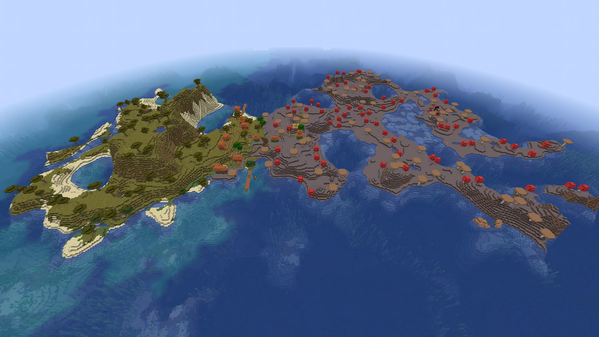 A Minecraft island made up of Mushroom Fields and Savanna biomes