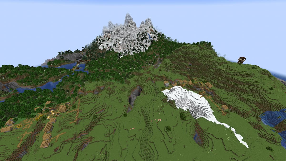 A Minecraft plains with a mountain, three villages, and a Pillager Outpost