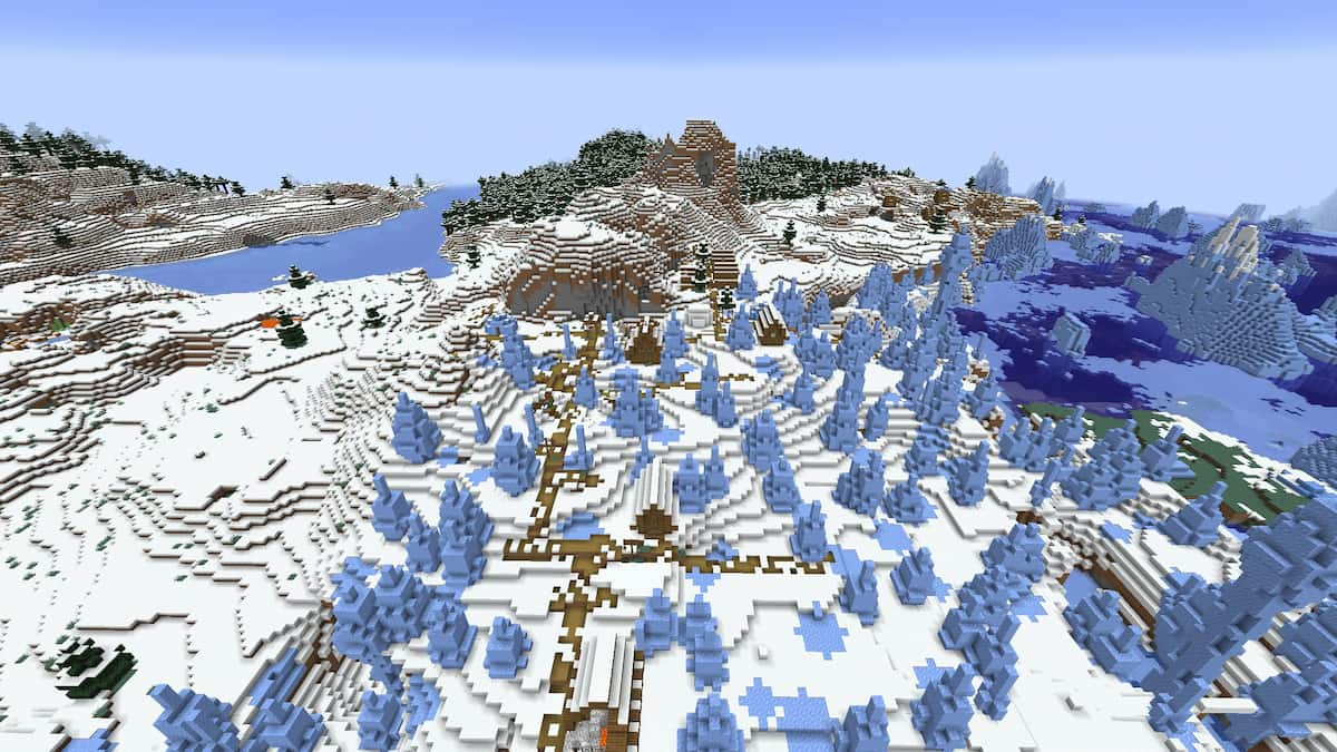 Two Snowy Villages in a Minecraft Ice Spikes biome