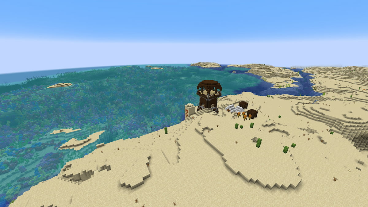 A Minecraft Pillager Outpost next to a Desert Temple and a Coral Reef