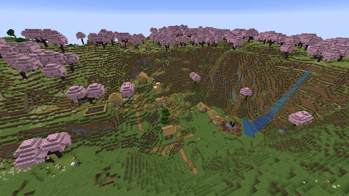 A Plains Village with a ruined Nether portal in a Minecraft Cherry Grove