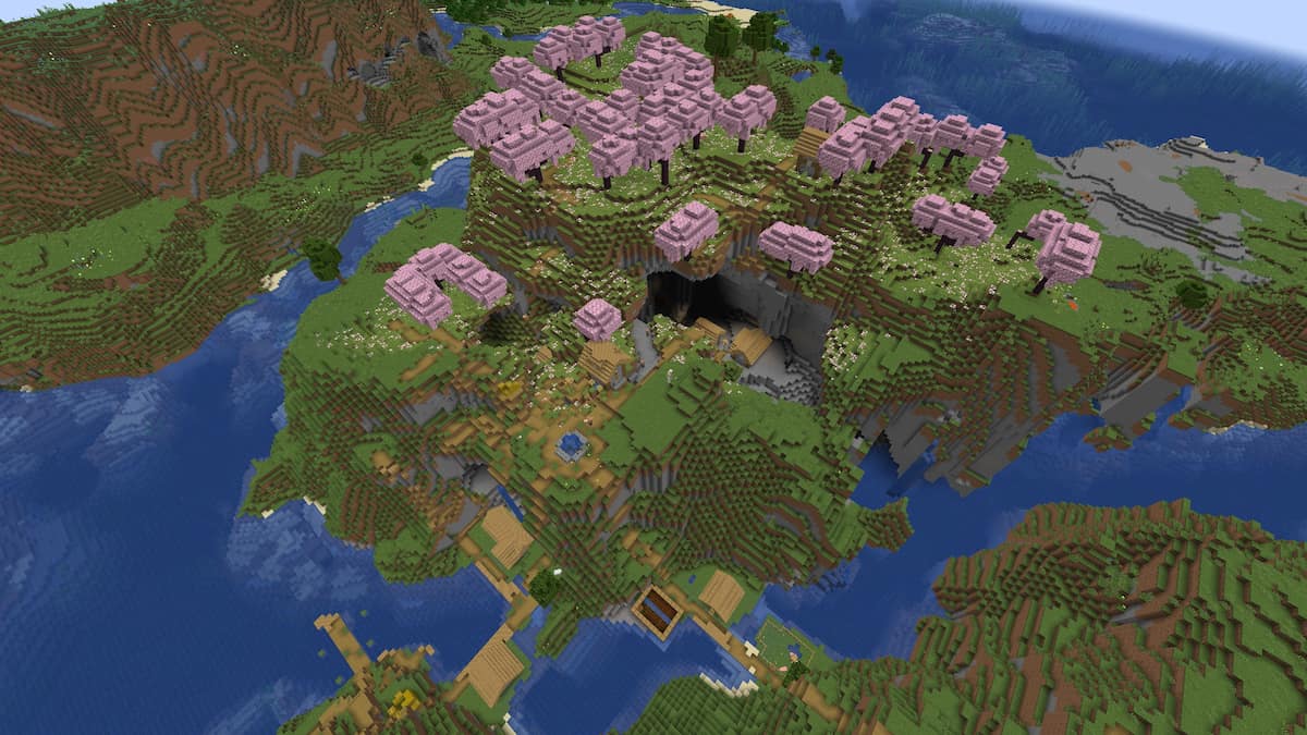 A Cherry Grove village above a cave in Minecraft