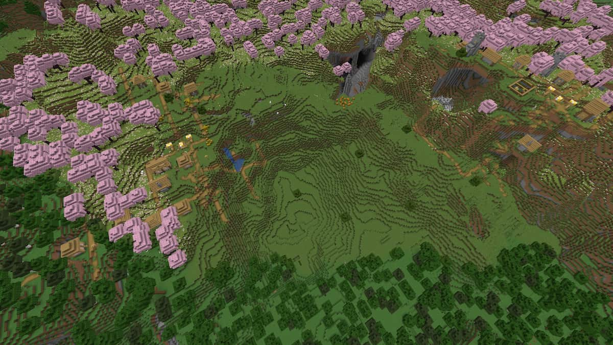 A valley with two Plains Villages in a Minecraft Cherry Grove biome