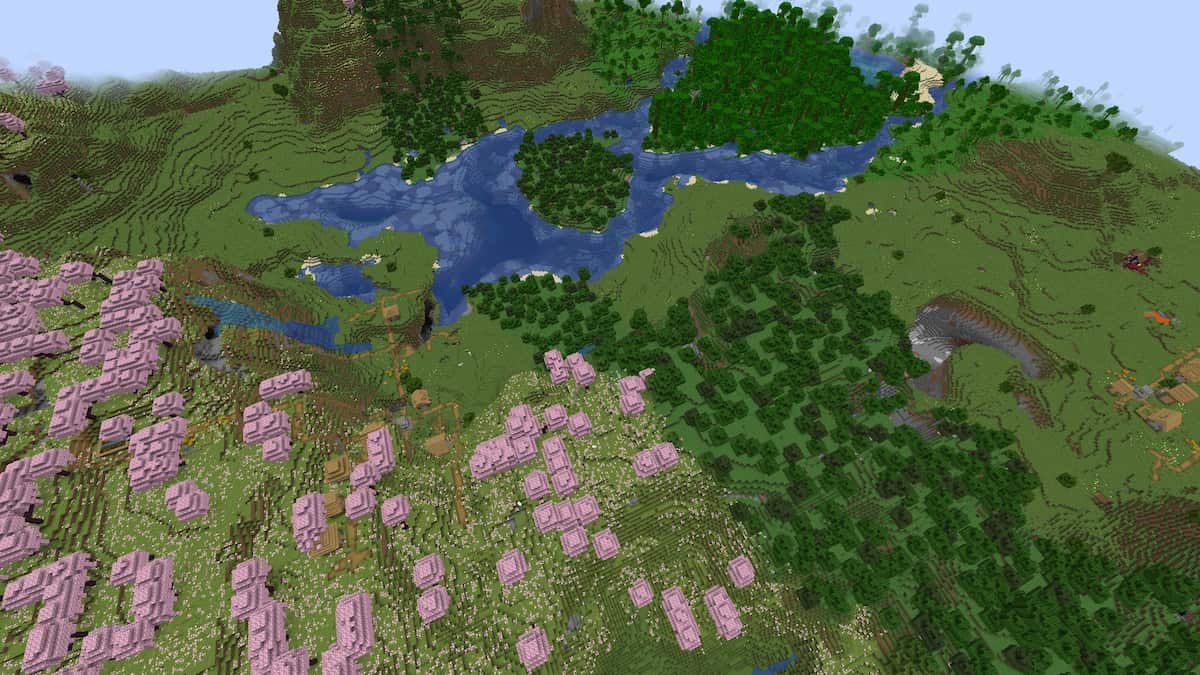 A Minecraft Cherry Grove with two Plains Villages, a ruined portal, a Jungle, and a Forest biome