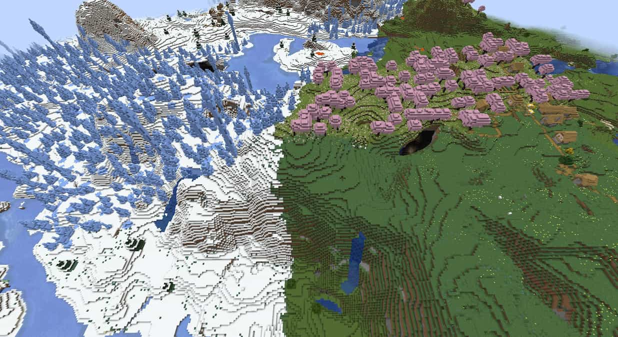 A Cherry Grove next to an Ice Spikes biome in Minecraft