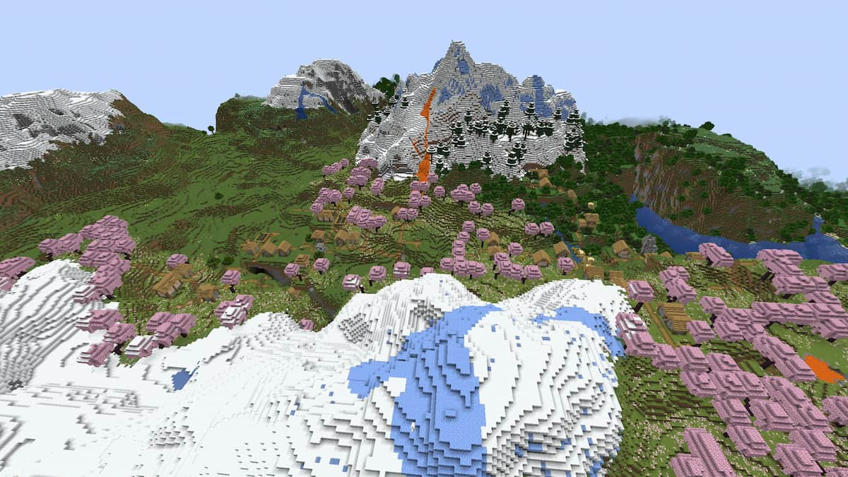 A long Cherry Grove in Minecraft between two mountains