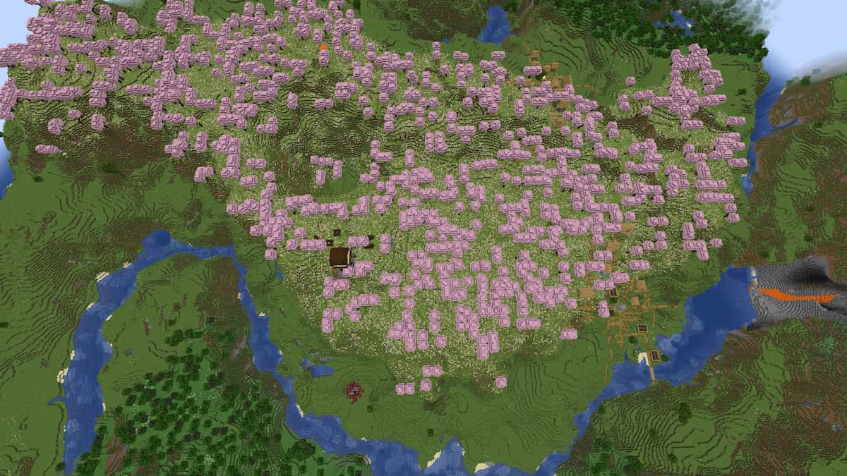 A Cherry Grove with a ruined Nether portal, a Pillager Outpost, and two Plains Villages in Minecraft