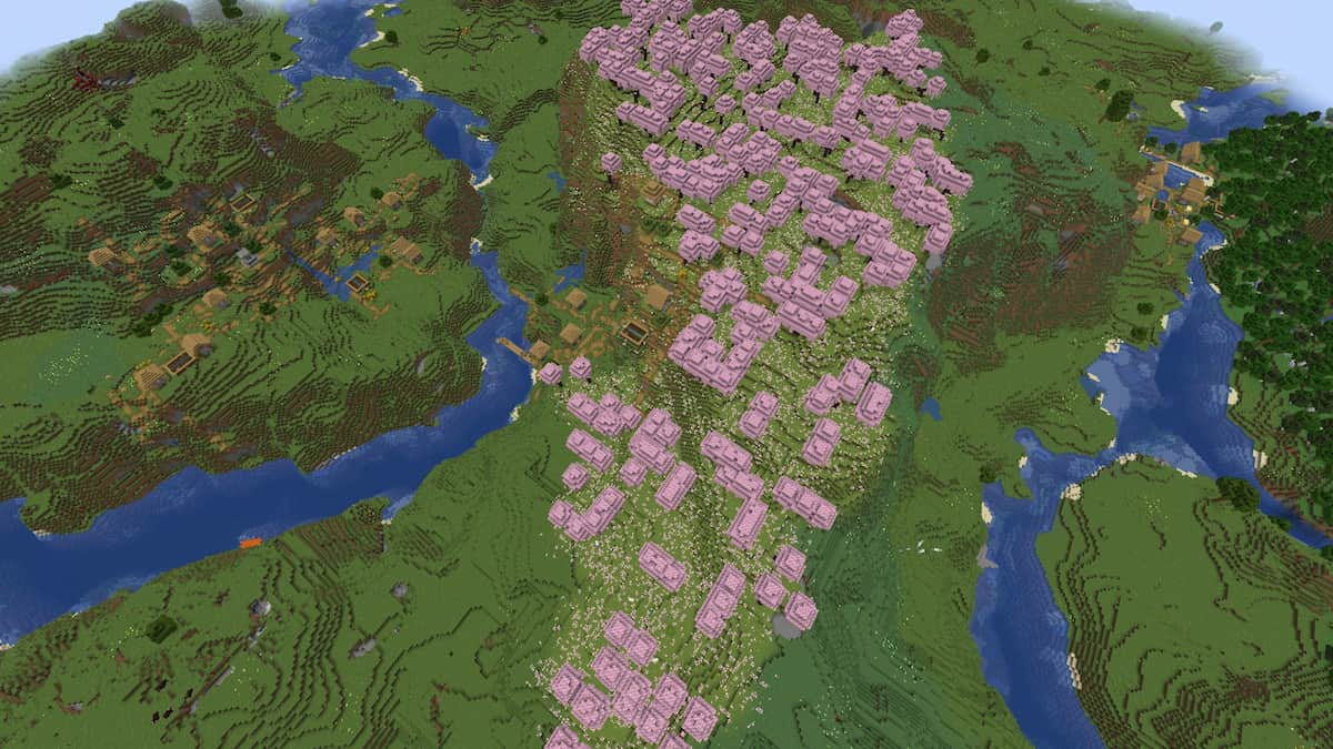 A Minecraft Cherry Grove surrounded by three Plains Villages