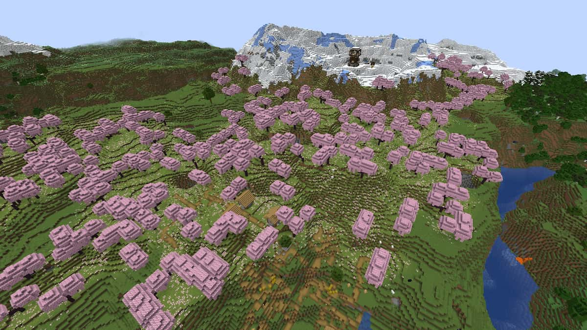 A Minecraft Cherry Grove biome with a Plains Village, an icy mountain, and a Pillager Outpost