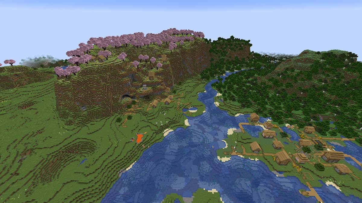 Two Plains Villages next to a Cherry Grove in Minecraft