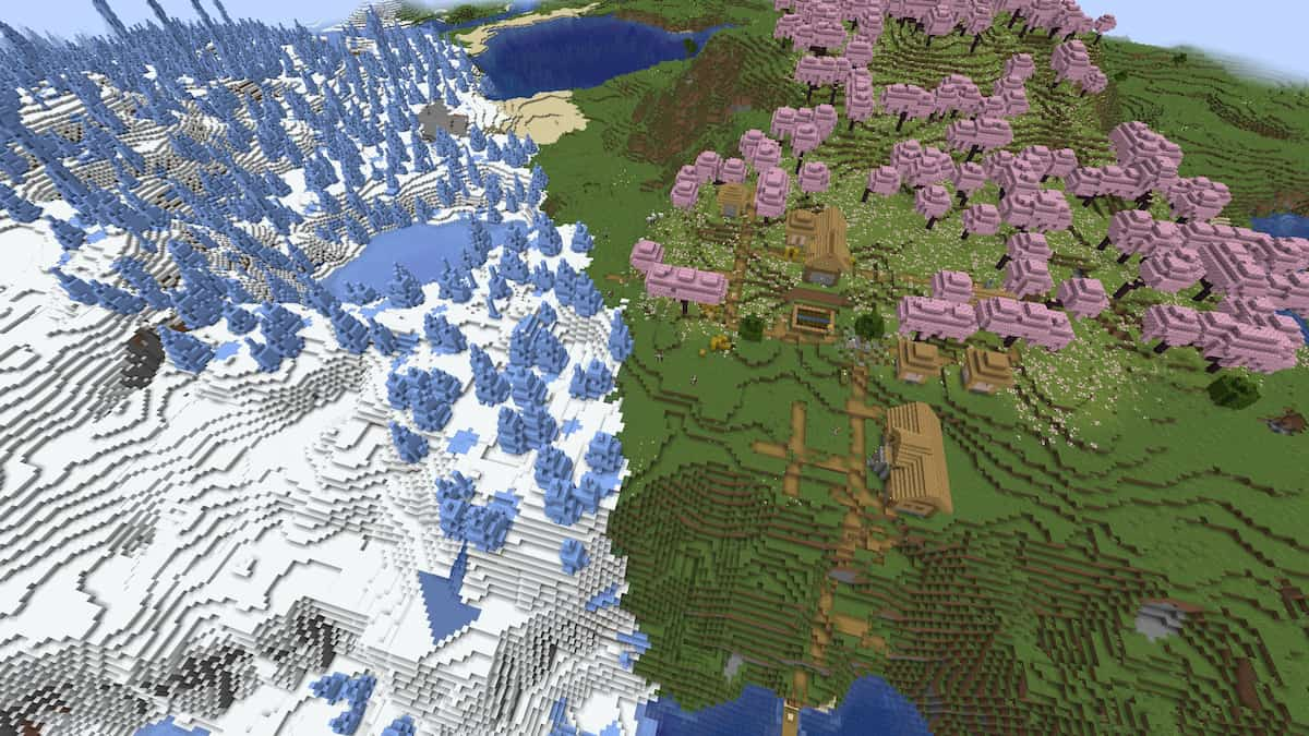 A Cherry Grove biome with a Plains Village next to an Ice Spikes biome in Minecraft