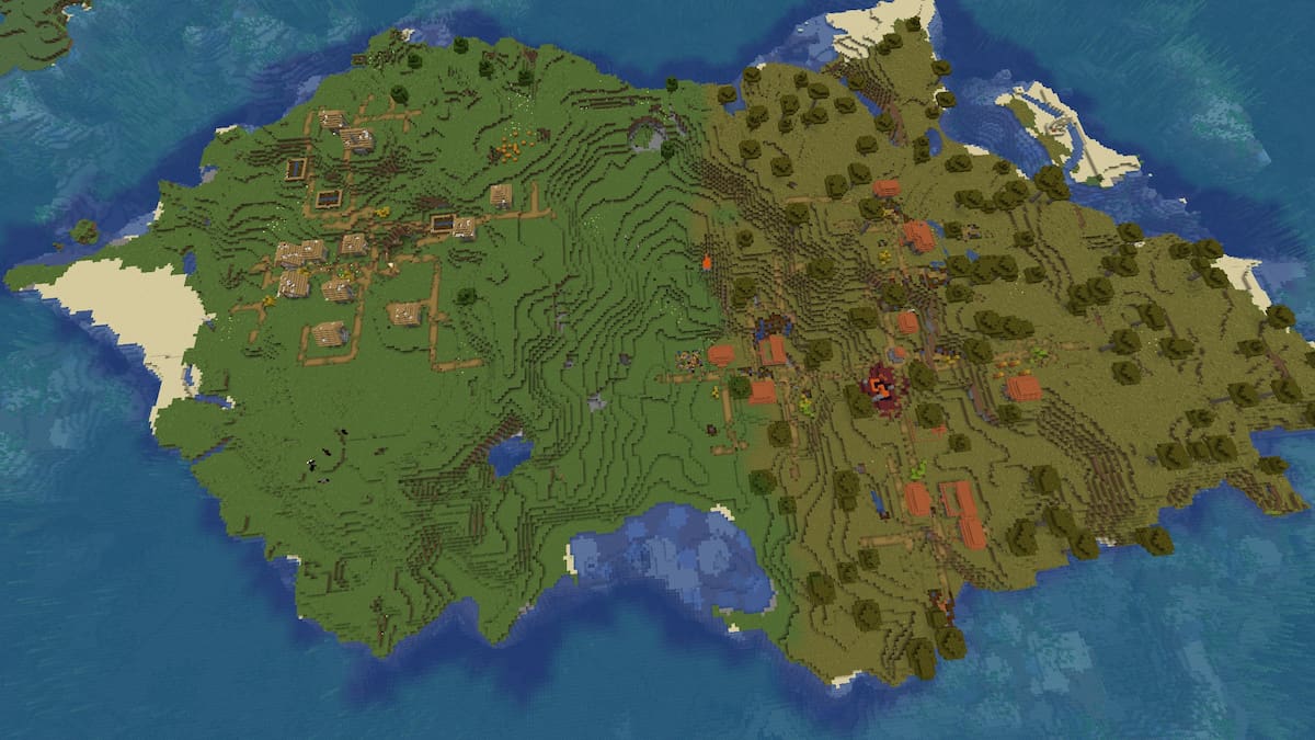 A Minecraft island with a Savanna Village and a Zombie Plains Village