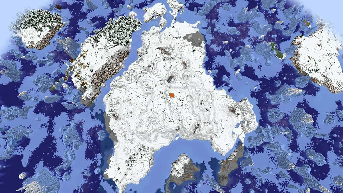 A large Minecraft island covered in snow