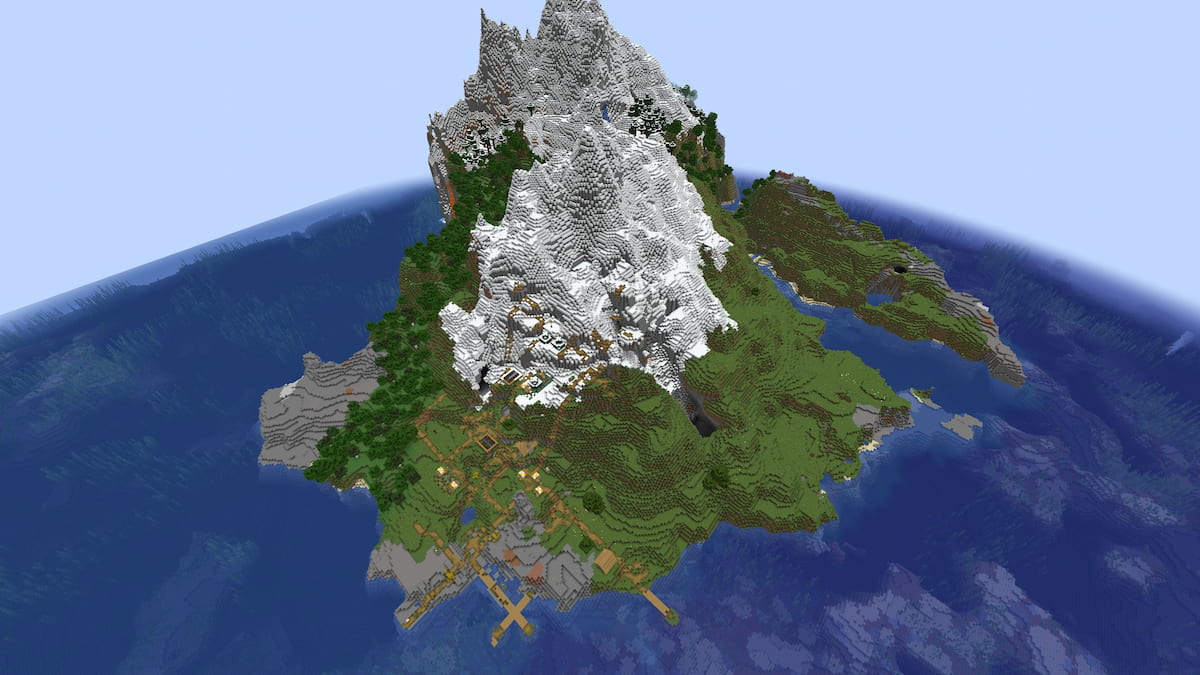 A Minecraft island with a tall snowy mountain and a Plains Village