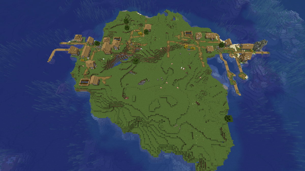 A small Minecraft island with a Plains Village and a Zombie Plains Village