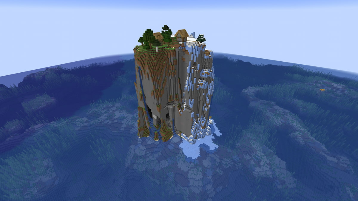 A towering island with a Plains Village and an Ocean Monument in Minecraft