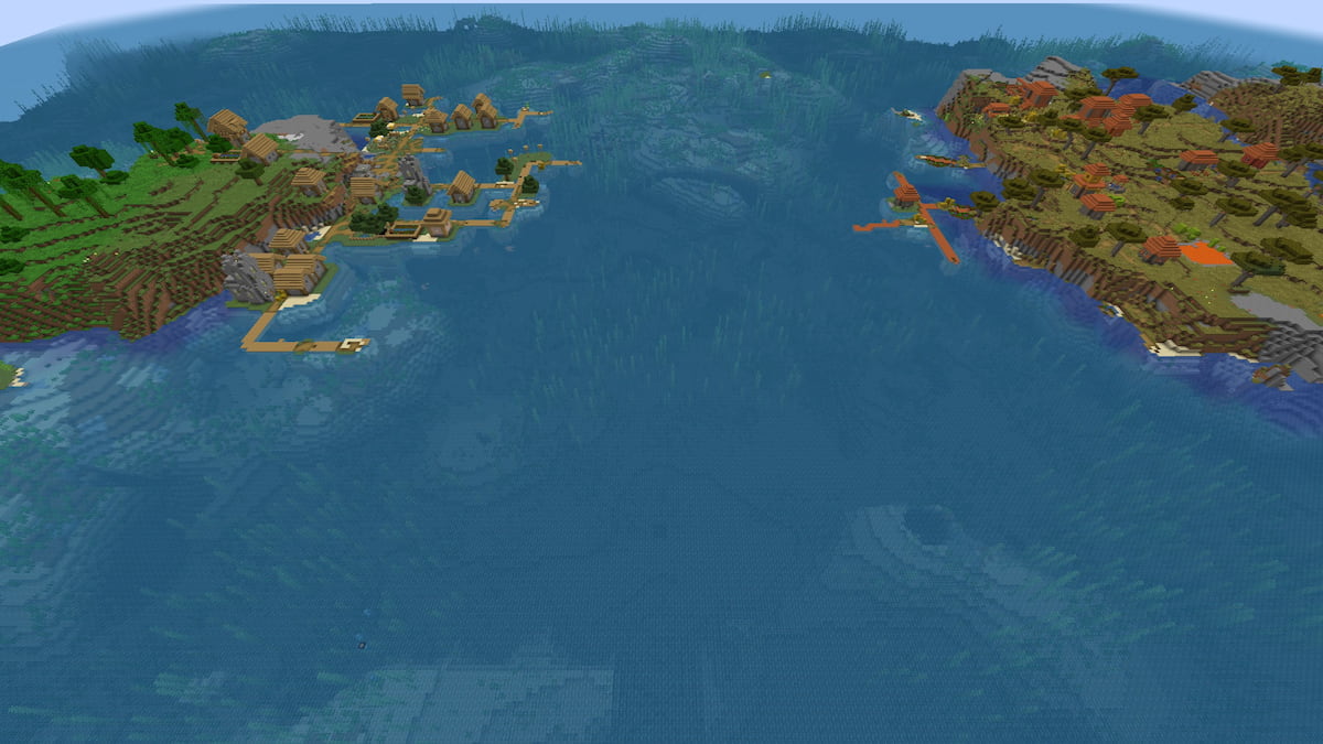 A small island with a Plains Village by a Minecraft Savanna Village