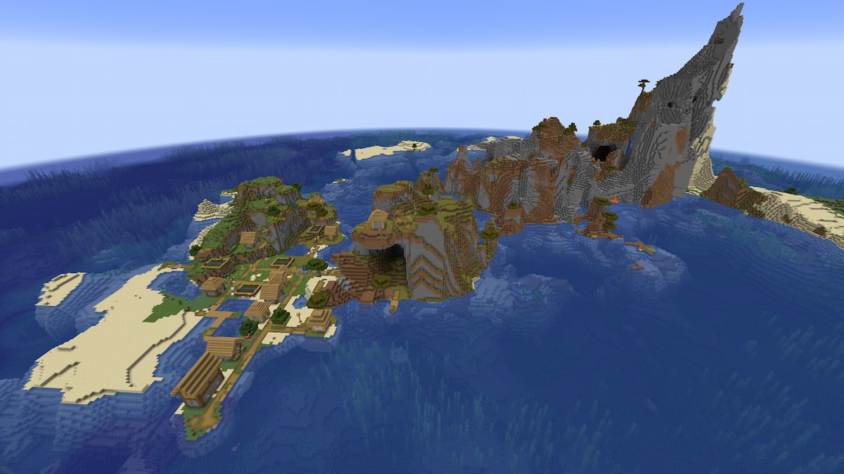 A Minecraft island made up of a Windswept Savanna biome and beach biomes