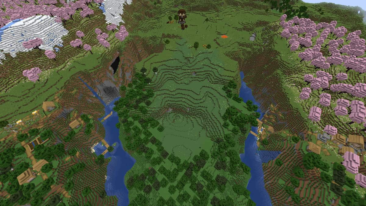 Two Plains Villages near a Pillager Outpost and Cherry Groves in Minecraft