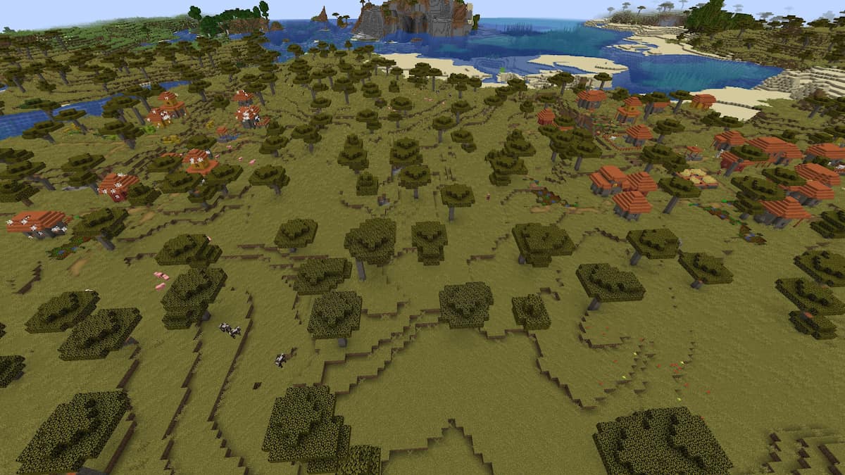 A Minecraft Savanna Village next to a zombified Savanna Village