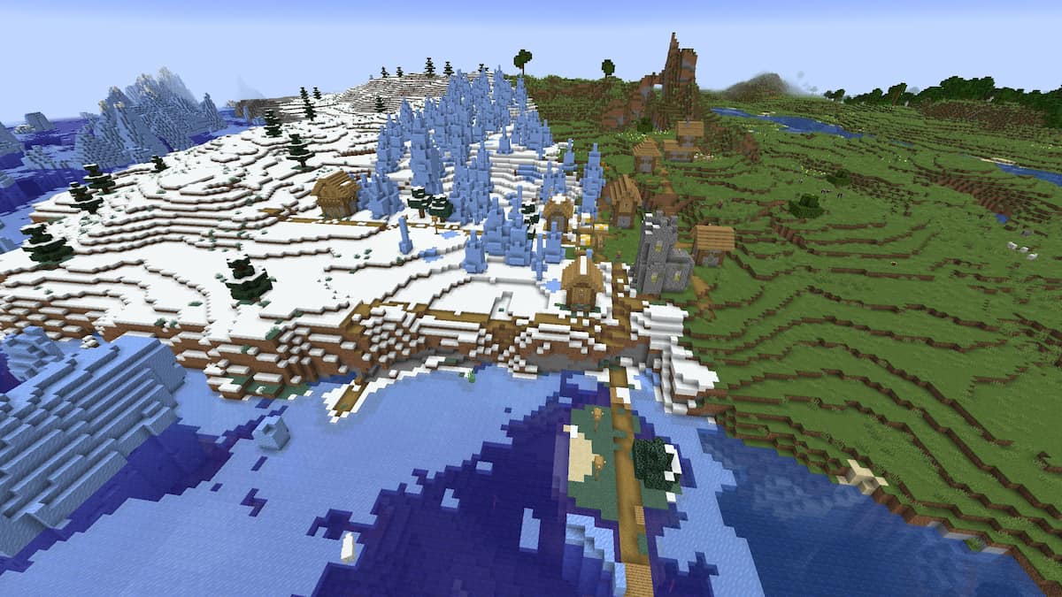 A Minecraft Plains Village half in an Ice Spikes biome