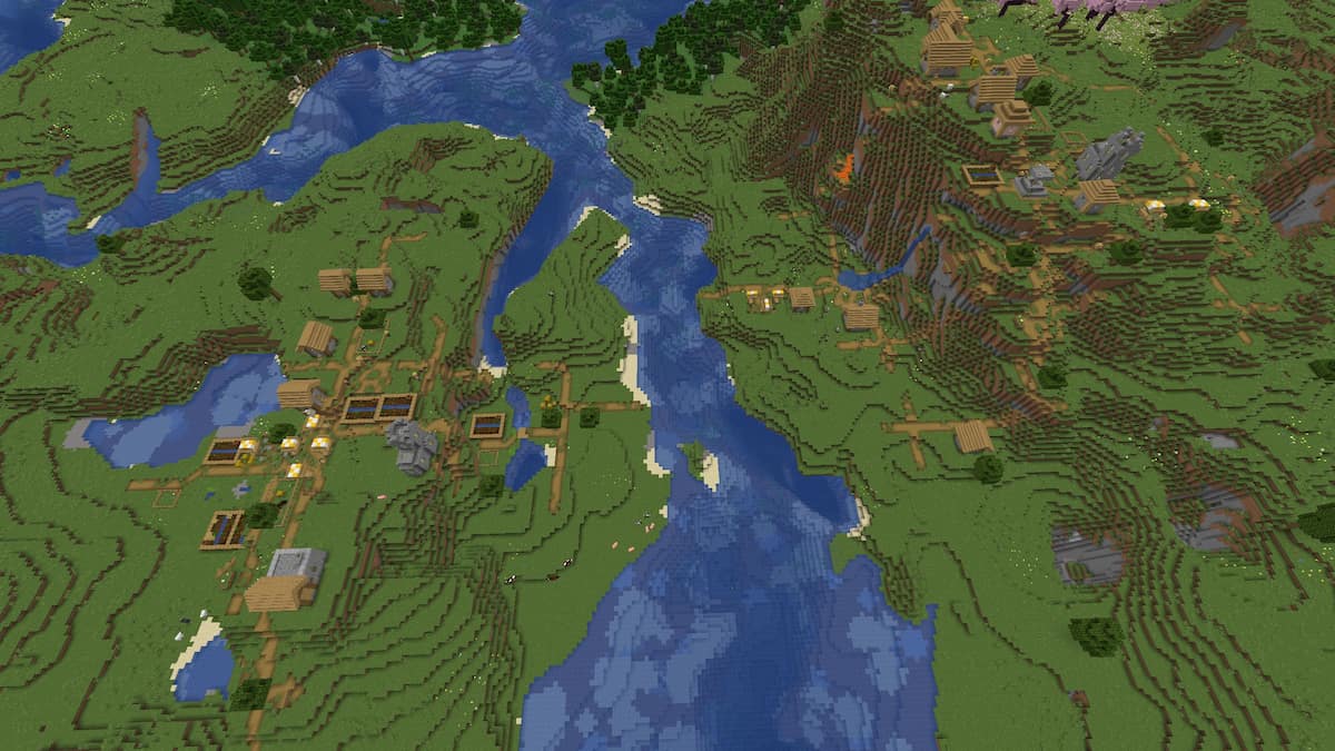 Two Minecraft Plains Villages separated by a river