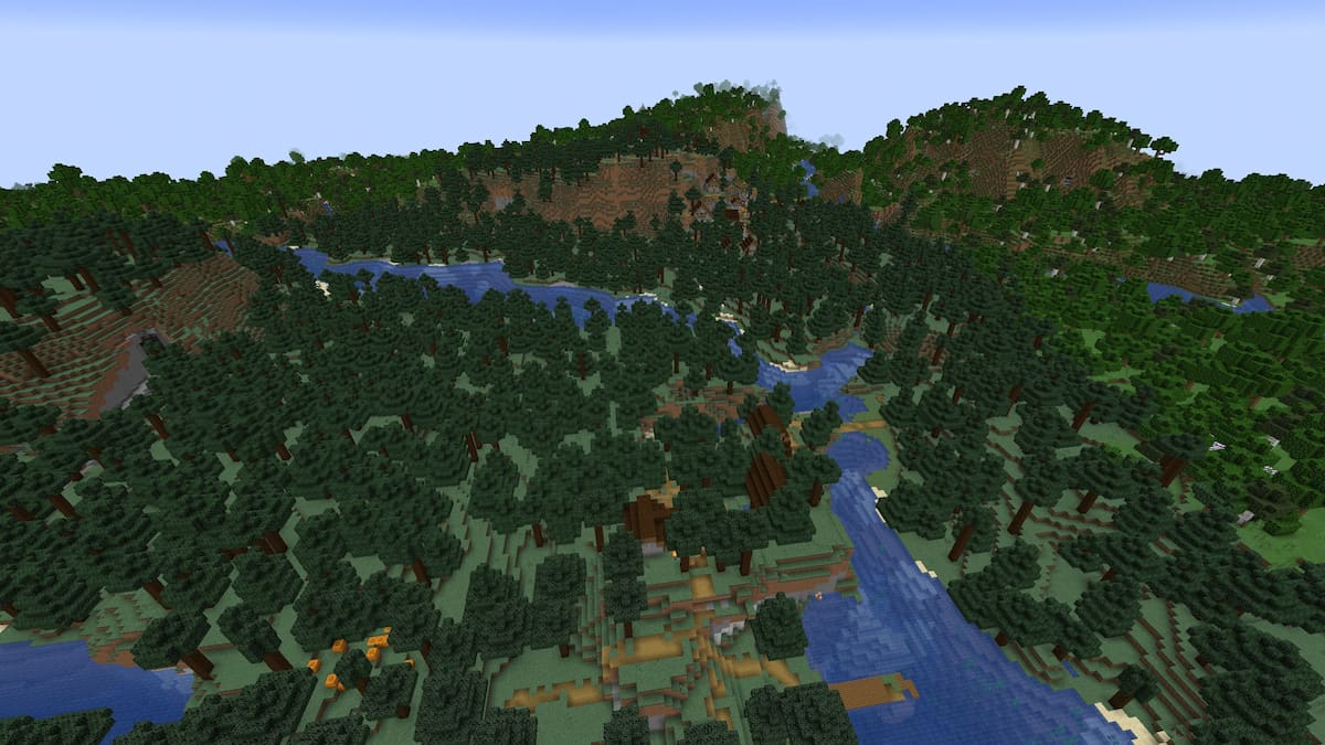 A Minecraft Taiga with two Taiga Villages and a river