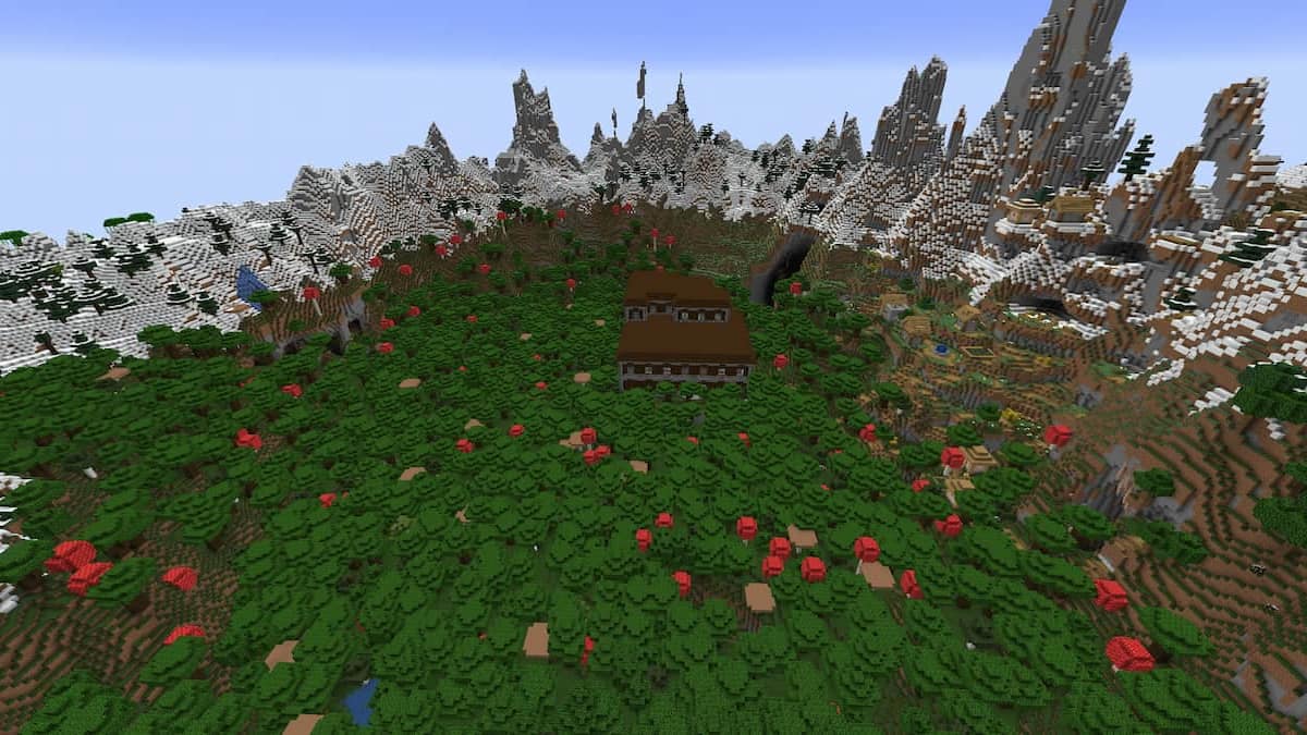 A Minecraft Woodland Mansion next to a Plains Village in a mountain crater